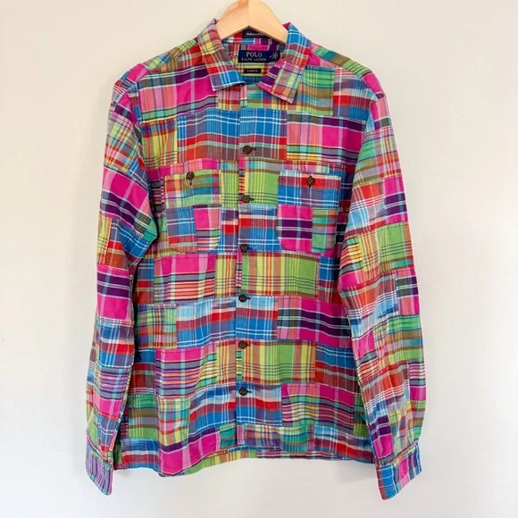 Polo Ralph Lauren Classic Fit Patchwork Madras Camp Shirt 100% Cotton Medium - Picture 1 of 14